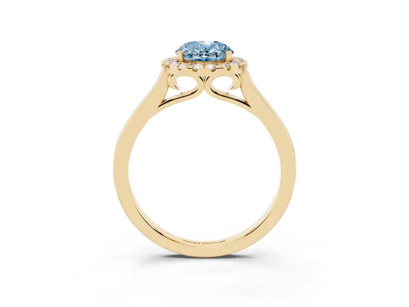 Oval Halo Engagement Ring Setting for a Fancy Blue Lab-Grown Diamond | Flat Tapered Band | Yellow Gold