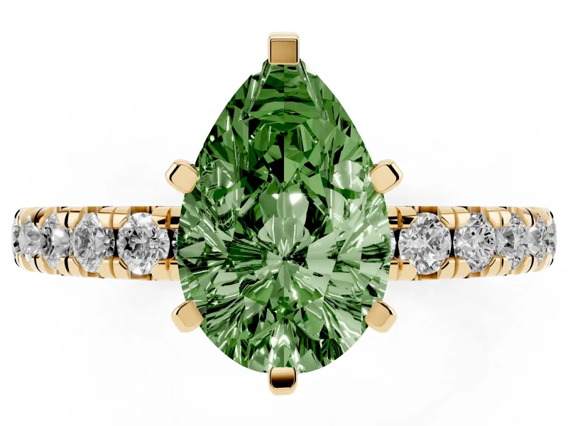 Fancy Green Pear Cut Diamond Pavé Solitaire Ring Set in Yellow gold with Round Band and Prong Setting