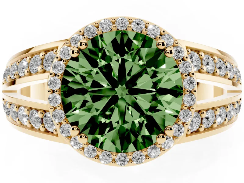Round Halo Engagement Ring Setting for a Fancy Green Lab-Grown Diamond | Split Shank | Yellow Gold
