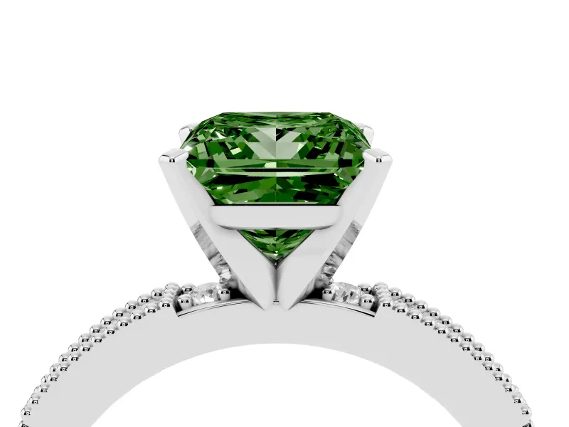 Fancy Green Princess Cut Diamond Solitaire Ring Set in White gold with Slim Pavé Band and Prong Setting
