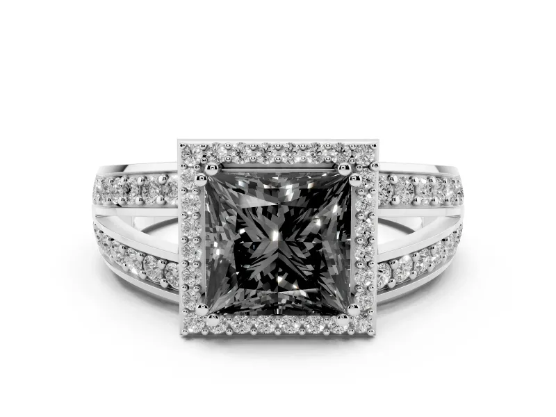 Fancy Black Princess Cut Diamond Halo Ring Set in White gold with Double Pavé Split Shank