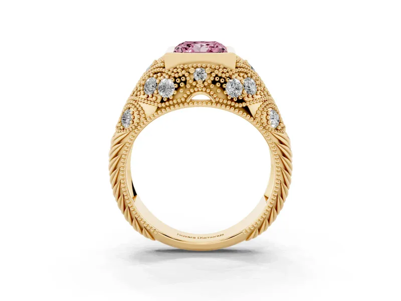 Fancy Pink Princess Cut Diamond Bezel Ring Set in Yellow gold with Milgrain Accent Band
