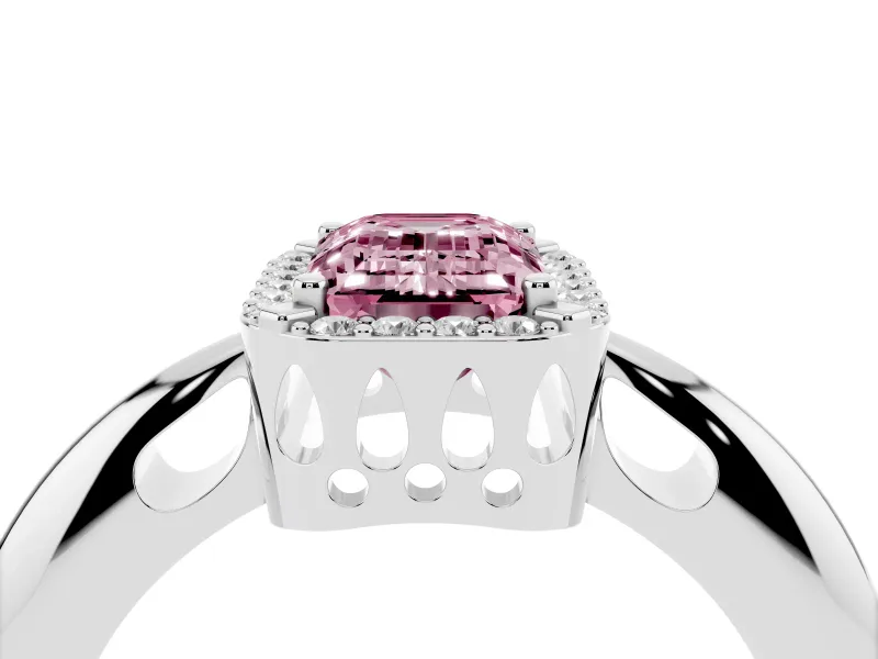 Fancy Pink Emerald Cut Diamond Halo Engagement Ring Set in Silver with Plain Split Shank and Prong Setting