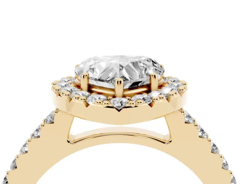 Heart Cut Diamond Halo Pavé Solitaire Ring Set in Yellow gold with Prong-Set Center Stone