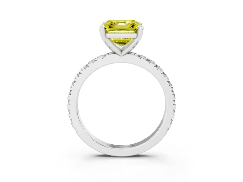 Fancy Yellow Asscher Cut Diamond Pavé Band Solitaire Set in Platinum with Prong Setting