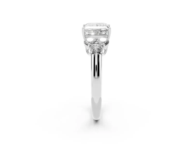 Princess Cut Diamond Cluster Ring Set in White gold with Round Accent Stones and Prong Setting on a Plain Band
