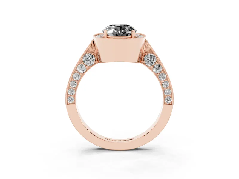 Oval Milgrain Halo Engagement Ring Setting for a Black Center | Side Stones | Rose Gold