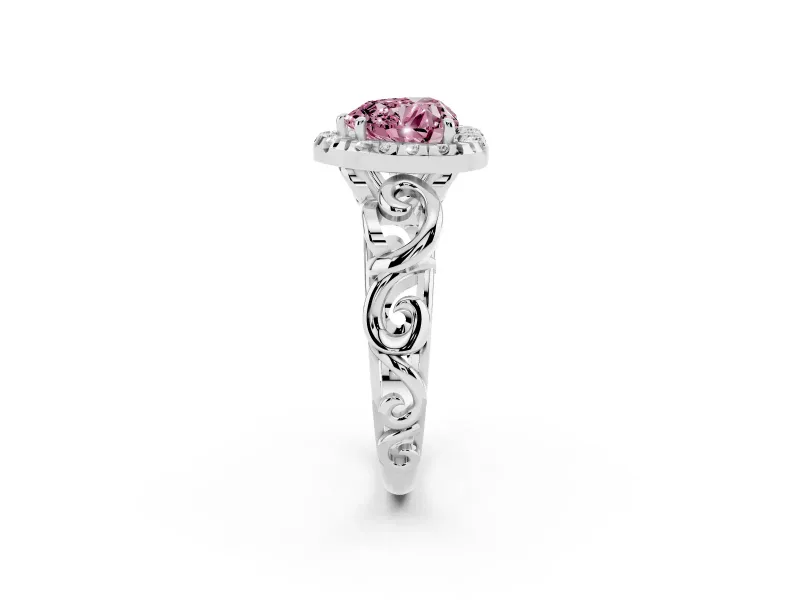Fancy Pink Heart Cut Diamond Halo Ring Set in White gold with Scrollwork Band and Prong Setting