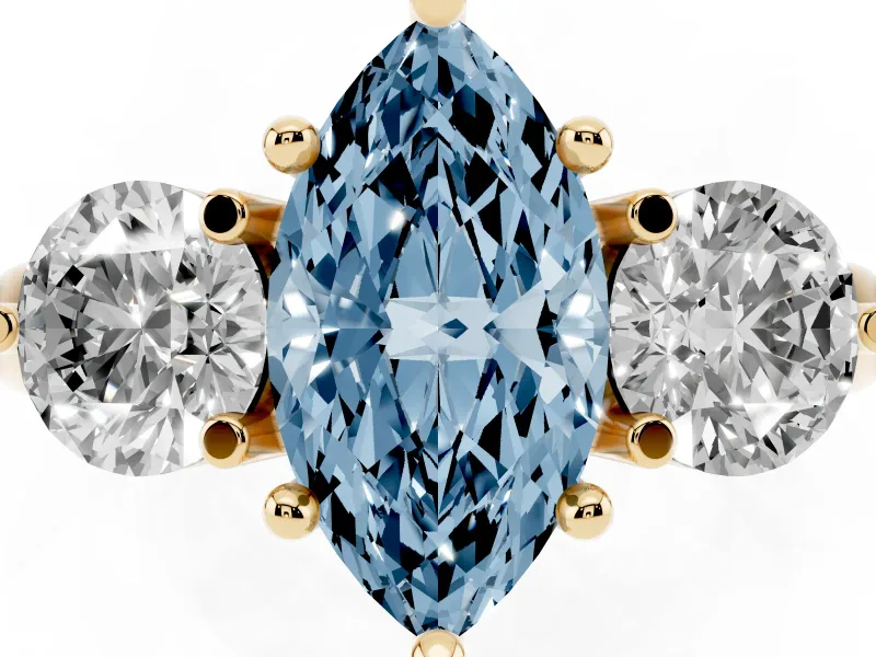 Fancy Blue Marquise Cut Diamond Three-Stone Ring Set in Yellow gold with Prong Setting and Classic Band