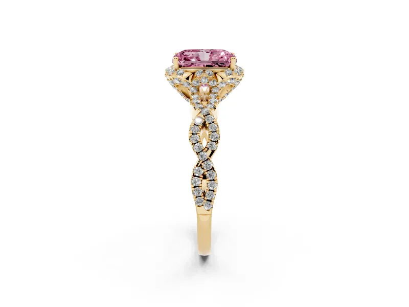 Radiant Cut Milgrain Halo Engagement Ring Setting for a Fancy Pink Lab-Grown Diamond | Graduated Shoulders | Yellow Gold