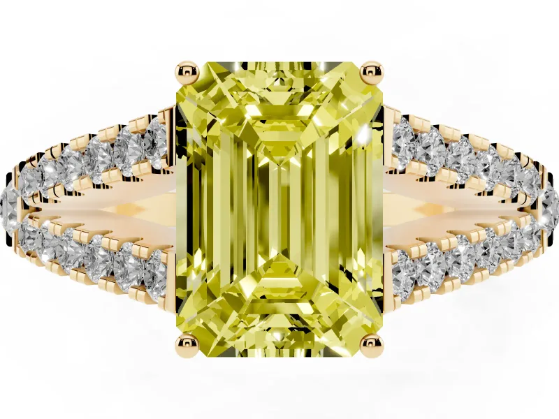 Emerald Cut Graduated Split Shank Engagement Ring Setting for a Fancy Yellow Lab-Grown Diamond | Yellow Gold