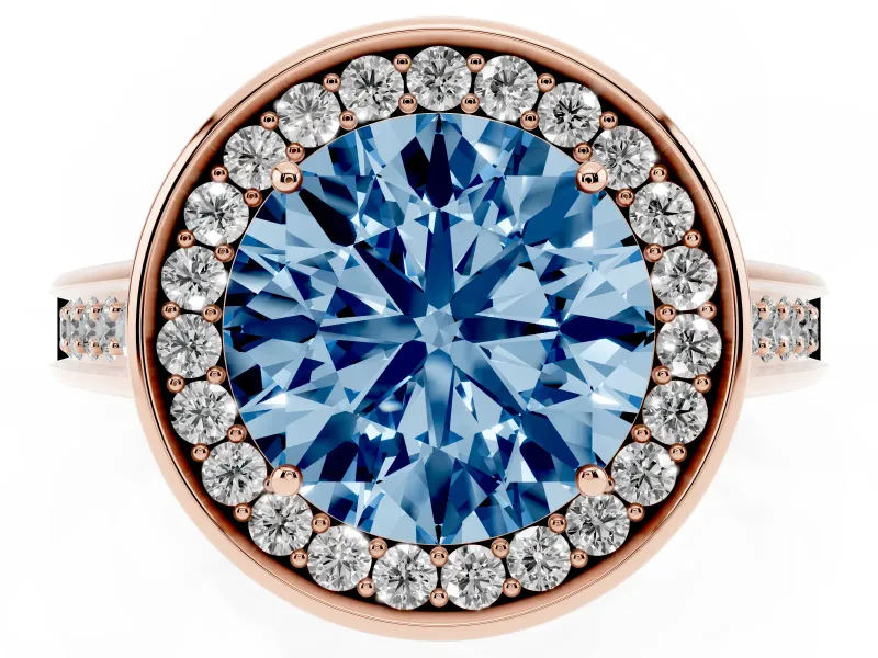 Fancy Blue Round Cut Diamond Halo Solitaire Ring Set in Rose gold with Pavé Band and Bezel Setting