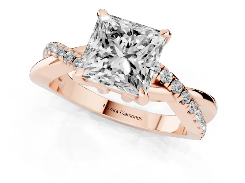 Princess Cut Diamond Twist Band Solitaire Set in Rose gold with Pavé Accents and Prong Setting