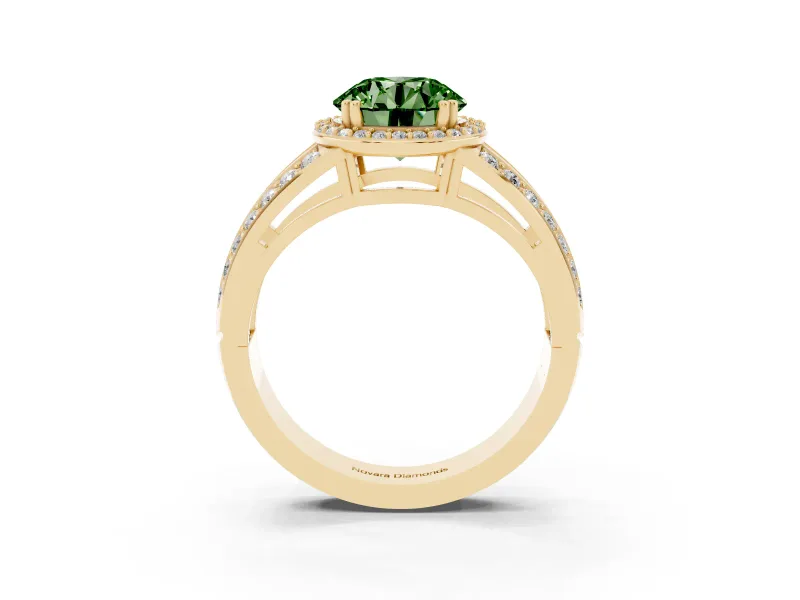 Round Halo Engagement Ring Setting for a Fancy Green Lab-Grown Diamond | Split Shank | Yellow Gold