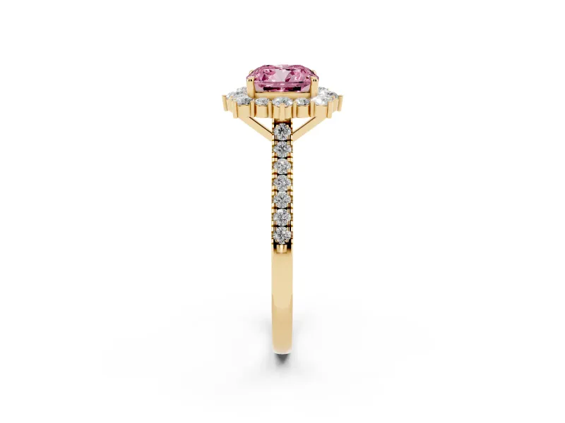 Cushion Cut Scalloped Halo Engagement Ring Setting for a Fancy Pink Lab-Grown Diamond | Single Row Pave | Yellow Gold