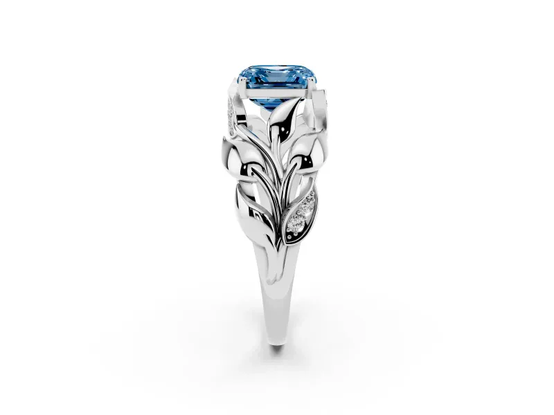 Asscher Cut Leaf Bypass Engagement Ring Setting for a Fancy Blue Lab-Grown Diamond | Sterling Silver