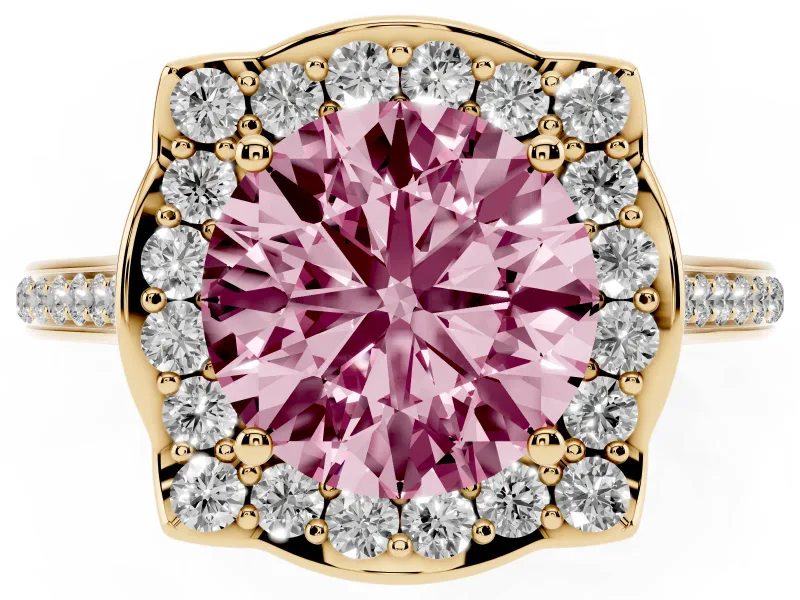 Round Halo Engagement Ring Setting for a Fancy Pink Lab-Grown Diamond | Petal Tips | Yellow Gold