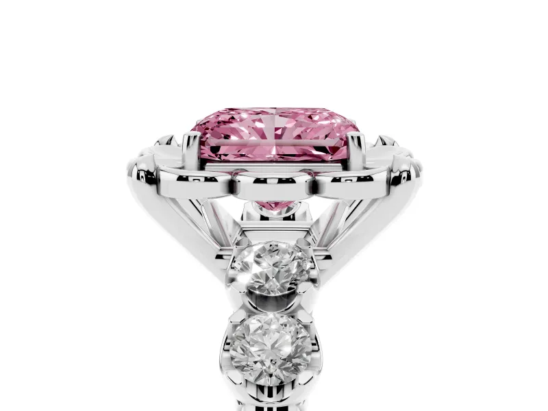 Fancy Pink Radiant Cut Diamond Floral Halo Ring Set in Silver with Shared Prong Band