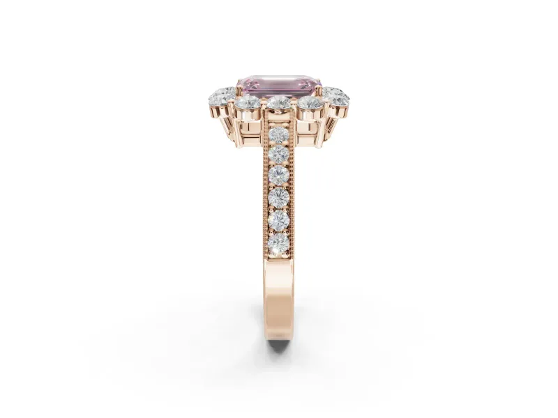 Emerald Cut Vintage Halo Engagement Ring Setting for a Fancy Pink Lab-Grown Diamond | Rose Gold