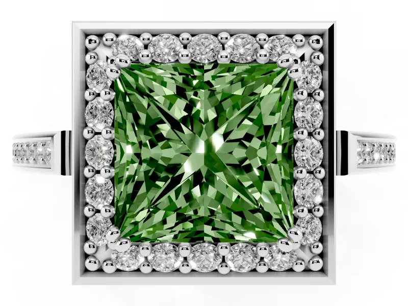 Princess Cut Halo Engagement Ring Setting for a Fancy Green Lab-Grown Diamond | Polished Halo Rim | Platinum