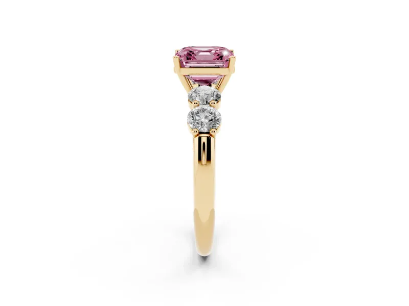 Asscher Cut Five Stone Engagement Ring Setting for a Fancy Pink Lab-Grown Diamond | Prong Set Side Stones | Yellow Gold