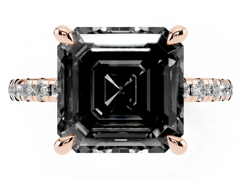 Fancy Black Asscher Cut Diamond Brilliant Solitaire Ring Set in Rose gold with Pavé Band and Prong Setting