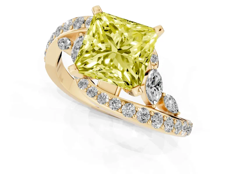 Fancy Yellow Princess Cut Diamond Solitaire Ring Set in Yellow gold with Pavé Twist Band and Secure Prong Setting