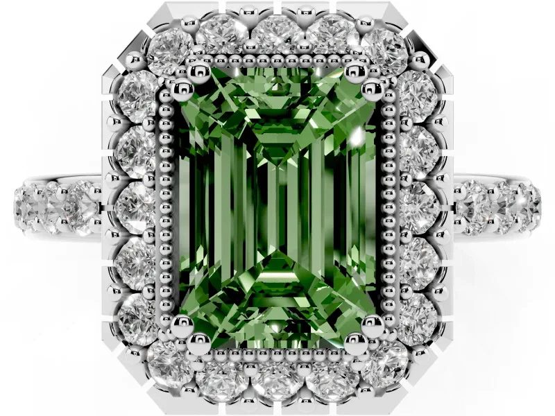 Emerald Cut Milgrain Halo Engagement Ring Setting for a Fancy Green Lab-Grown Diamond | Pavé Shoulders | White Gold
