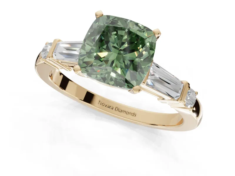 Cushion Cut Tapered Baguette Engagement Ring Setting for a Fancy Green Lab-Grown Diamond | Bar Set Sides | Yellow Gold