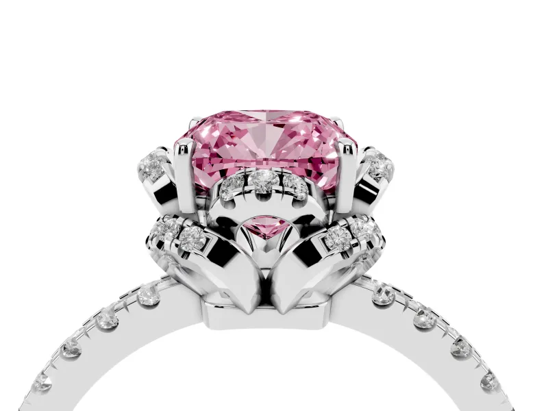Fancy Pink Cushion Cut Diamond Halo Pavé Band Ring Set in White gold with Prong-Held Center