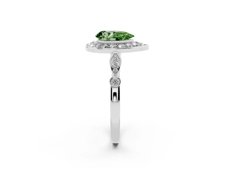 Fancy Green Pear Cut Diamond Halo Engagement Ring Set in White gold with Twisted Band and Prong Setting