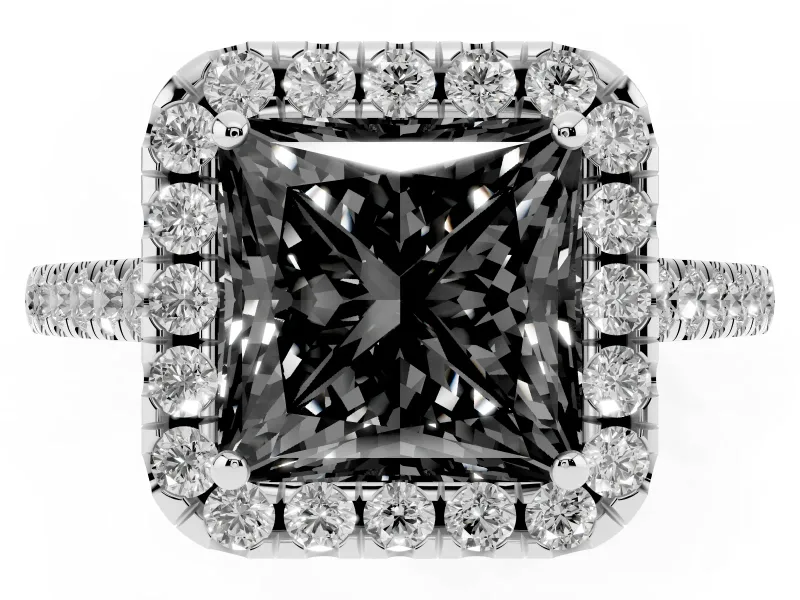 Princess Cut Halo Engagement Ring Setting for a Black Center | Pavé Shoulders | White Gold