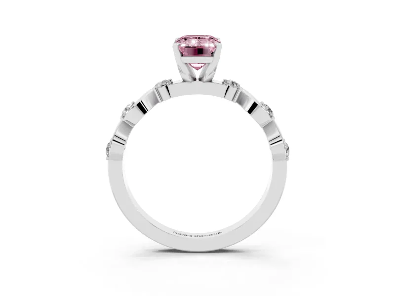 Fancy Pink Emerald Cut Diamond Solitaire Ring Set in White gold with Ribbon Twist Band, Round Accents and Prong Setting