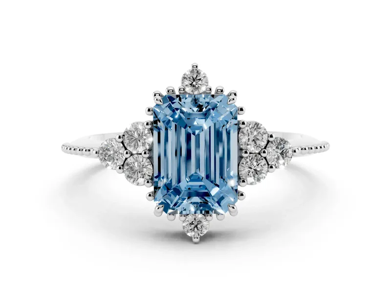 Fancy Blue Emerald Cut Diamond Cluster Ring Set in Platinum with Beaded Band