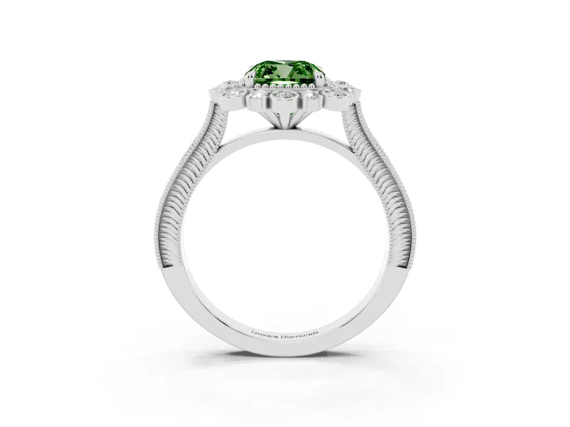 Fancy Green Cushion Cut Diamond Halo Milgrain Pavé Ring Set in Silver with Prong Setting