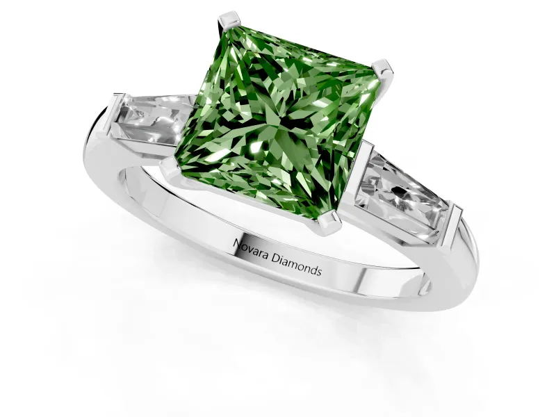 Fancy Green Princess Cut Diamond Solitaire Ring Set in Silver with Tapered Baguette Side Stones and Prong Setting