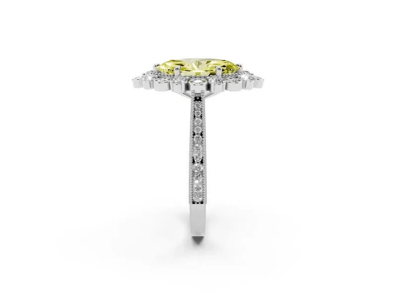 Fancy Yellow Marquise Cut Diamond Halo Milgrain Pavé Ring Set in White gold with Prong Setting