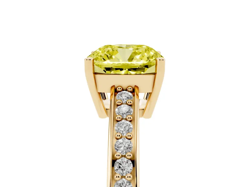 Cushion Cut Pave Solitaire Engagement Ring Setting for a Fancy Yellow Lab-Grown Diamond | Accented Basket | Yellow Gold