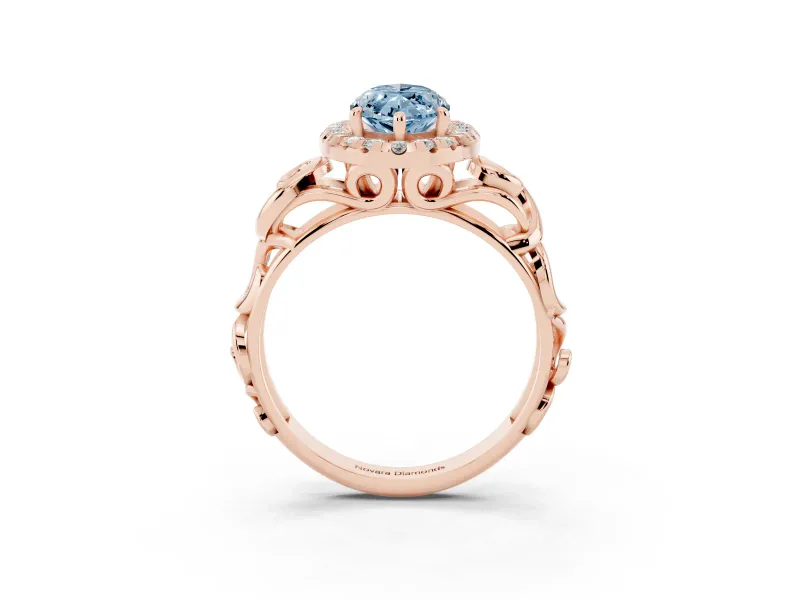 Fancy Blue Marquise Cut Diamond Halo Ring Set in Rose gold with Scrollwork Band and Prong Setting