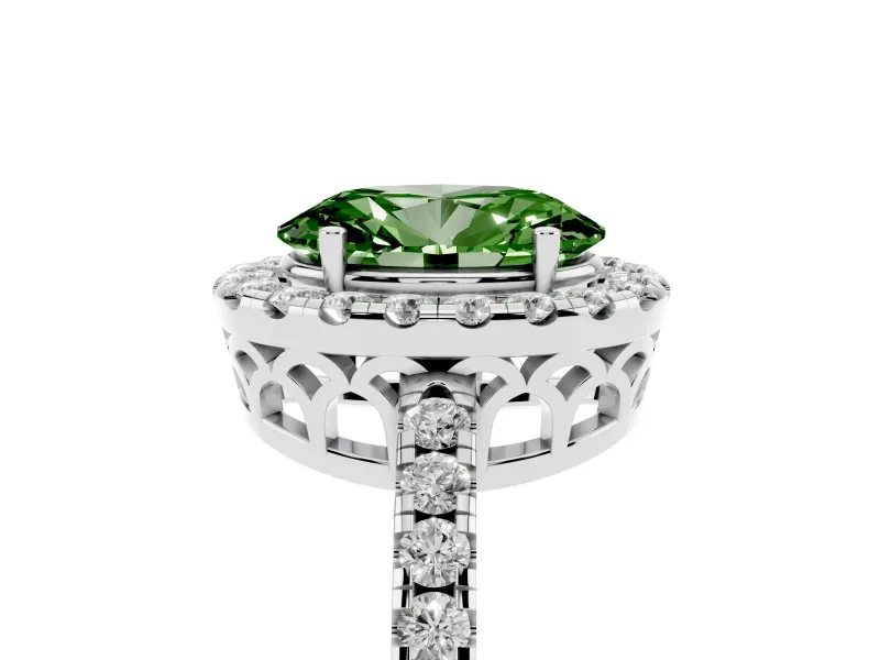 Fancy Green Oval Cut Diamond Pavé Band Halo Engagement Ring Set in White gold with Prong Setting