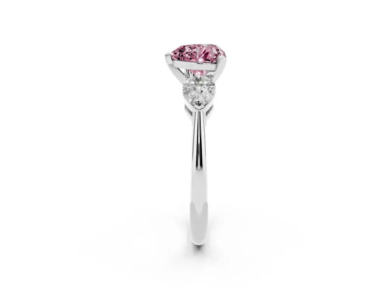 Heart-Shaped Three-Stone Engagement Ring Setting for a Fancy Pink Lab-Grown Diamond | Pear Side Stones | Sterling Silver