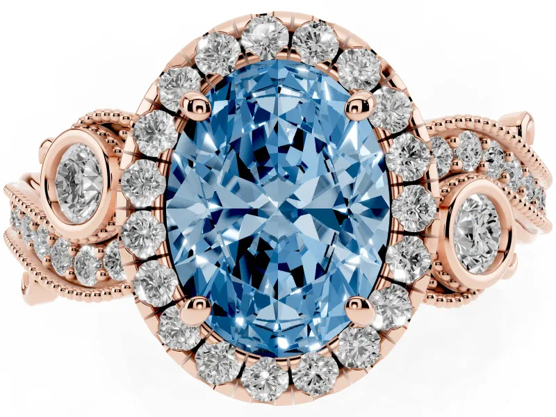 Fancy Blue Oval Cut Diamond Halo Ring Set in Rose gold with Milgrain Pavé Band and Prong Setting
