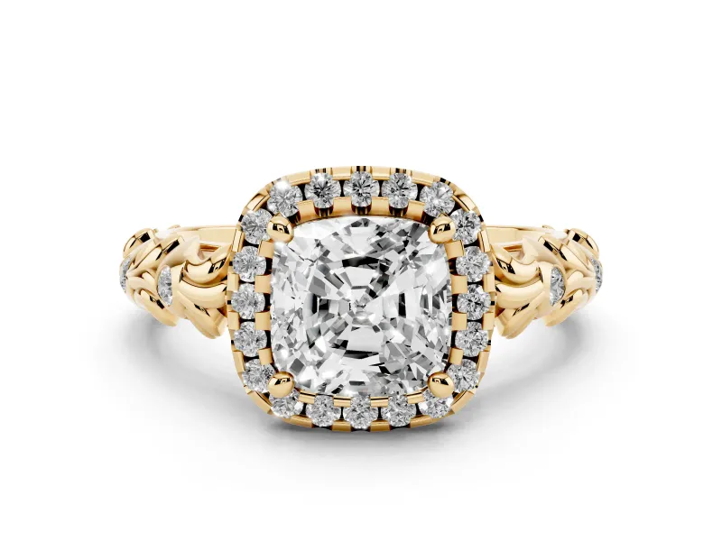 Cushion Cut Diamond Halo Ring Set in Yellow gold with Filigree Leaf Band and Prong Setting