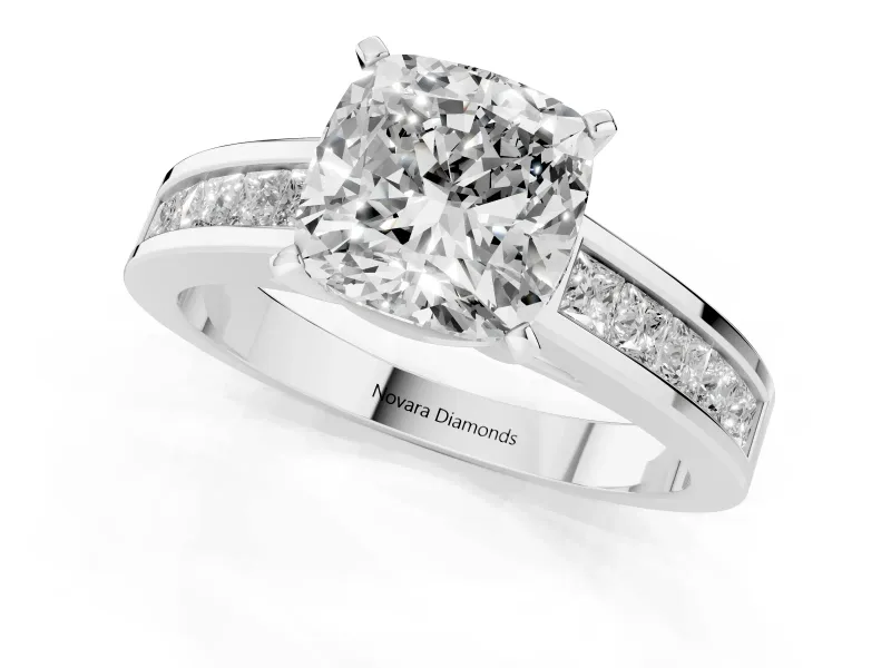 Cushion Cut Diamond Solitaire Ring Set in Silver with Channel-Set Band and Prong Setting