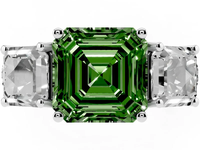 Asscher Cut Three Stone Engagement Ring Setting for a Fancy Green Lab-Grown Diamond | Accented Shoulders | Platinum