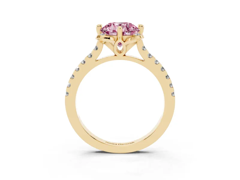 Round Floral Engagement Ring Setting for a Fancy Pink Lab-Grown Diamond | Pavé Band | Yellow Gold