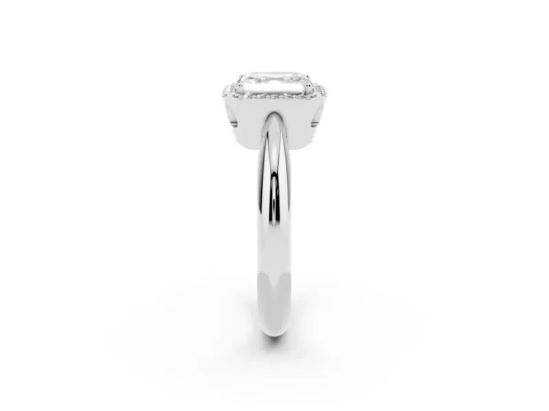Asscher Cut Diamond Halo Engagement Ring Set in White gold with Plain Split Shank and Prong Setting
