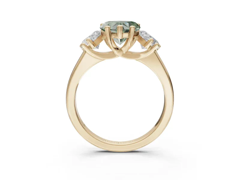 Heart-Shaped Three Stone Engagement Ring Setting for a Fancy Green Lab-Grown Diamond | Tapered Band | Yellow Gold
