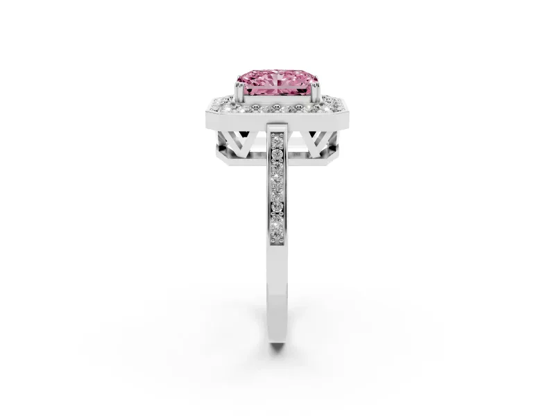 Radiant Cut Halo Engagement Ring Setting for a Fancy Pink Lab-Grown Diamond | Polished Halo Rim | Platinum