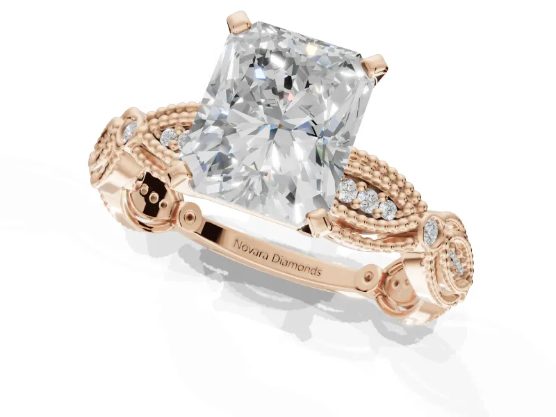 Radiant Cut Vintage Milgrain Engagement Ring Setting | Graduated Stations | Rose Gold